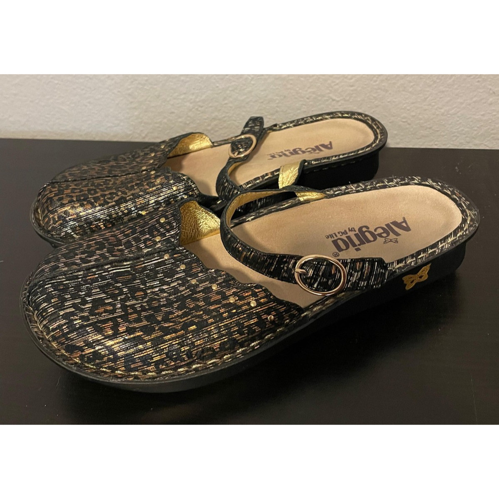 Alegria Clog Shoes Womens 7.5 EU 38 Black Gold Leather Adjustable Strap Comfort